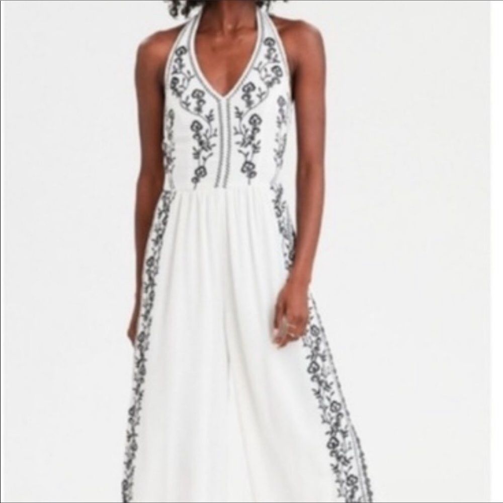 American Eagle Outfitters White Halter Jumpsuit with Black Embroidered Trim